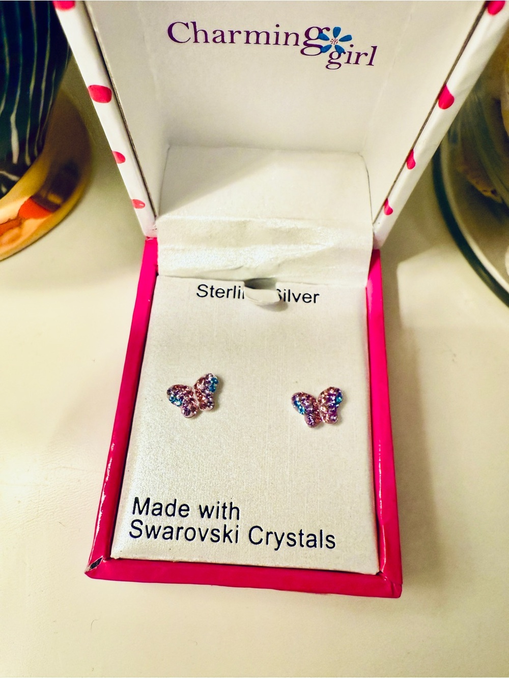 NWT: Sterling Silver Pink Butterfly Stud Earrings with Swarovski Crystals